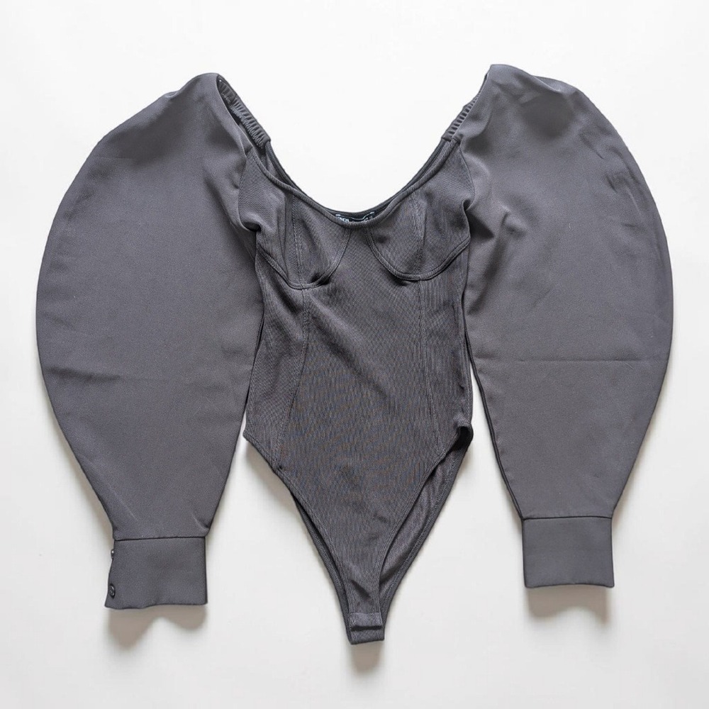 Zara Ribbed Puff Sleeve Sleeve Cheeky Bodysuit Sz S Black - Picture 3 of 8